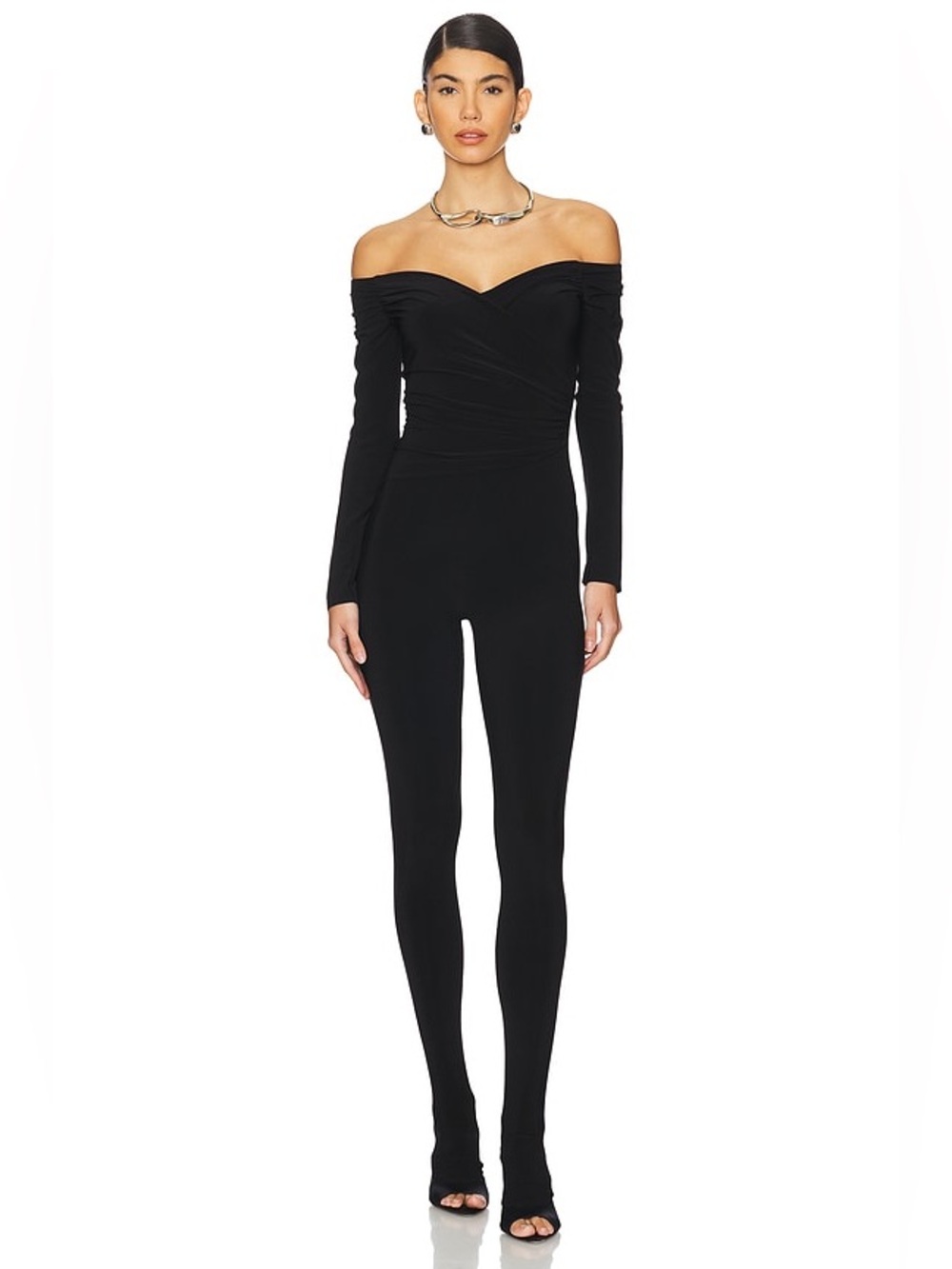 Norma Kamali-Off Shoulder Sweetheart Catsuit With Footie in Black